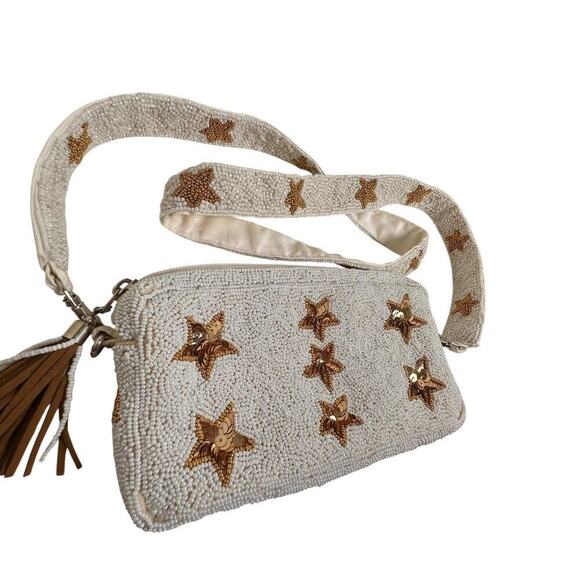 Beaded White Gold Star Crossbody Handbag Purse Rockstar Removeable Strap Bridal - Picture 3 of 16